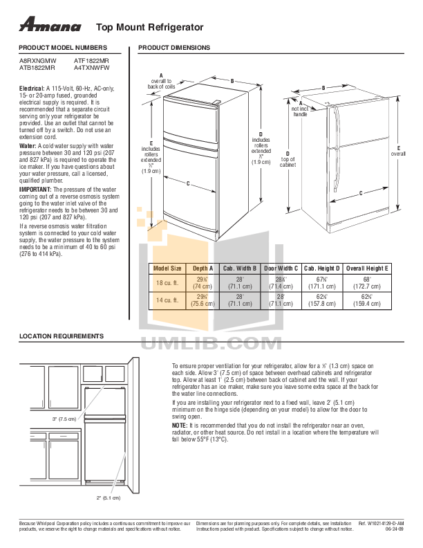 Download free pdf for Amana ATB1822MRS Refrigerator manual